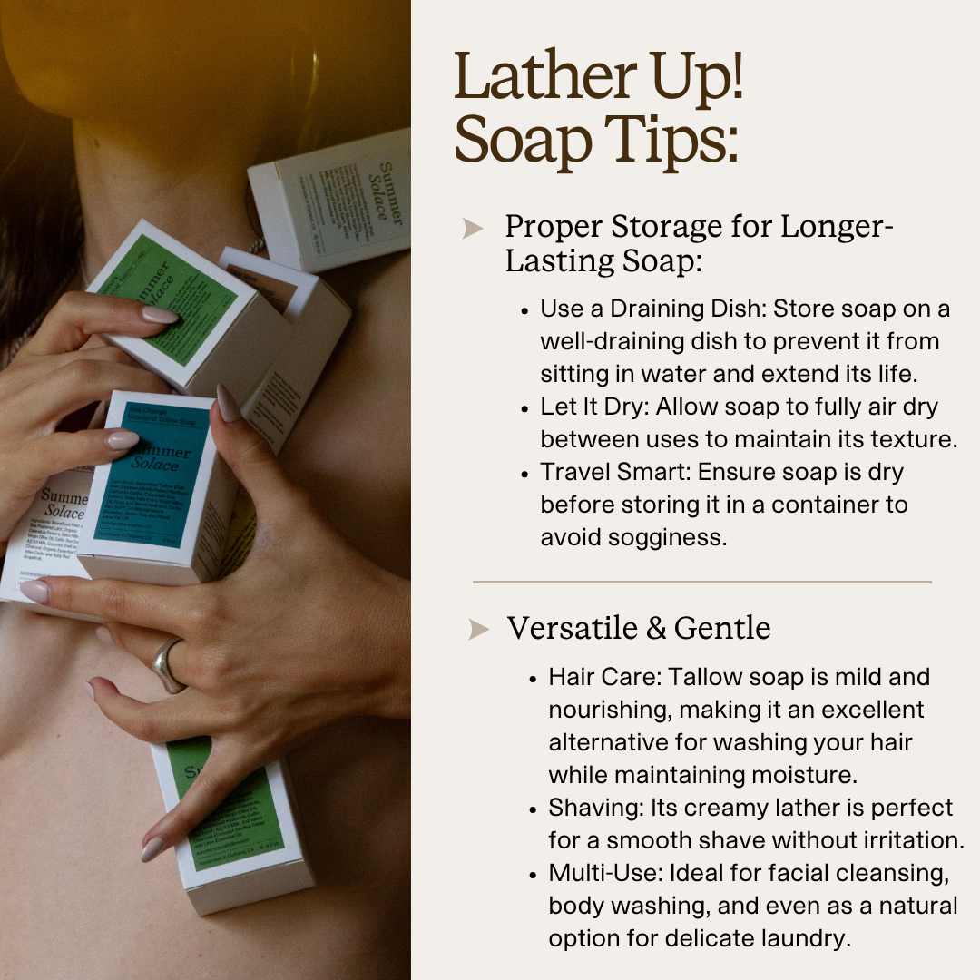 Soap packaging with text on proper storage and uses of tallow soap