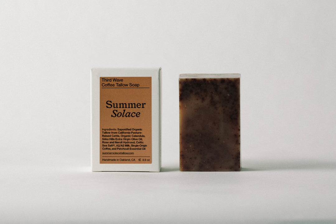 Third Wave Coffee Tallow Soap is a rich, grounding bar that awakens the senses and gently exfoliates the skin