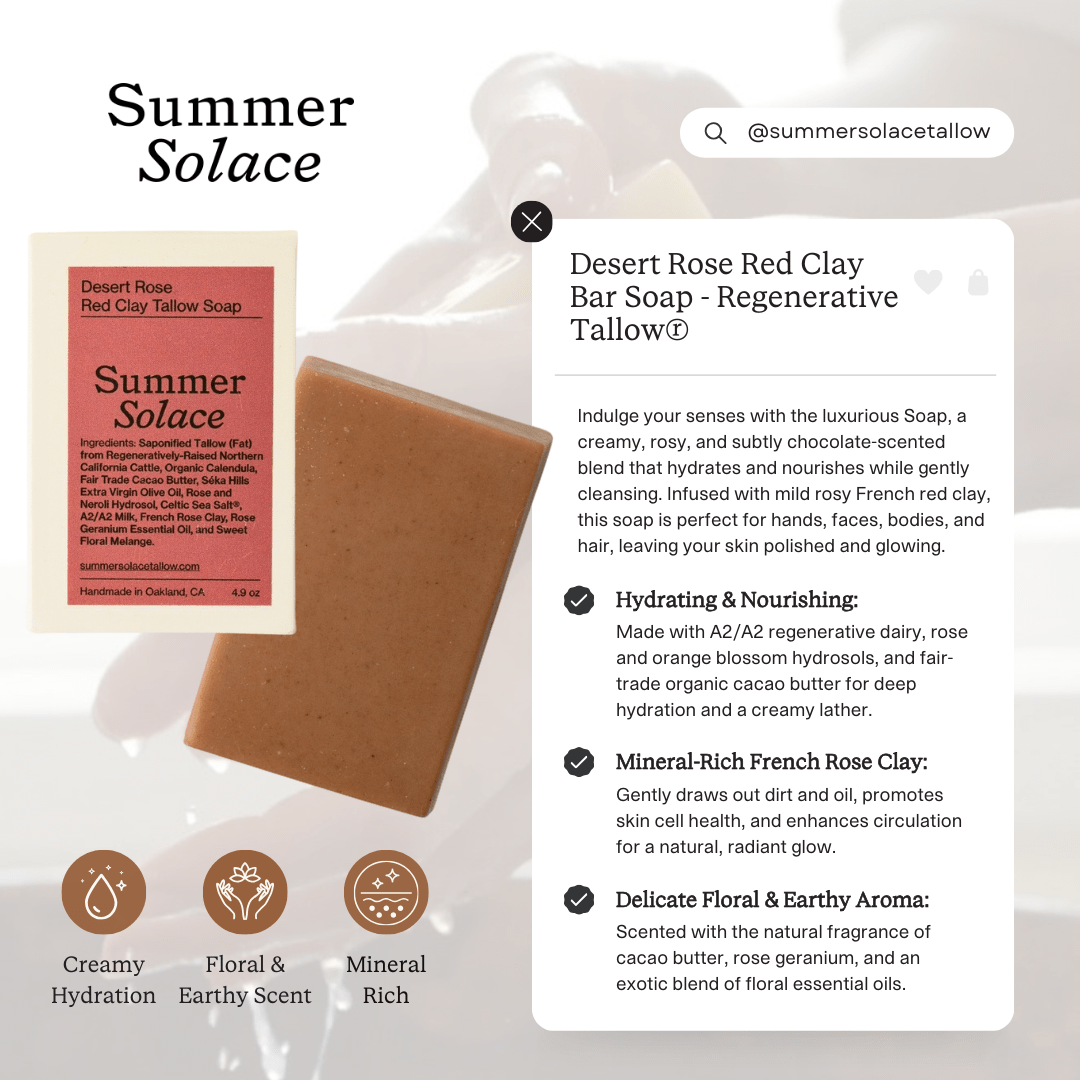 Summer Solace Tallow - Desert Rose Red Clay Bar Soap - Regenerative Tallow® - Tallow Soap