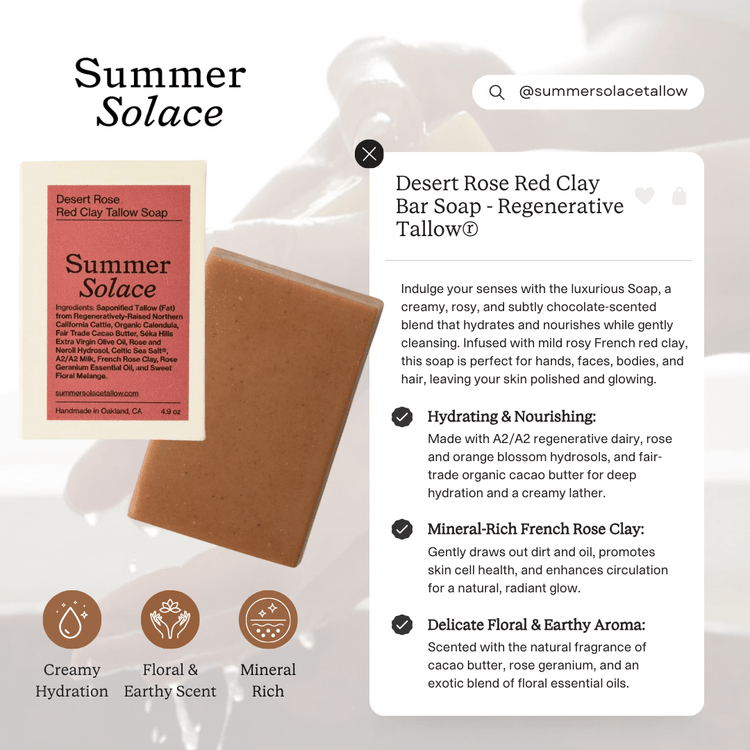 Summer Solace Tallow - Desert Rose Red Clay Bar Soap - Regenerative Tallow® - Tallow Soap