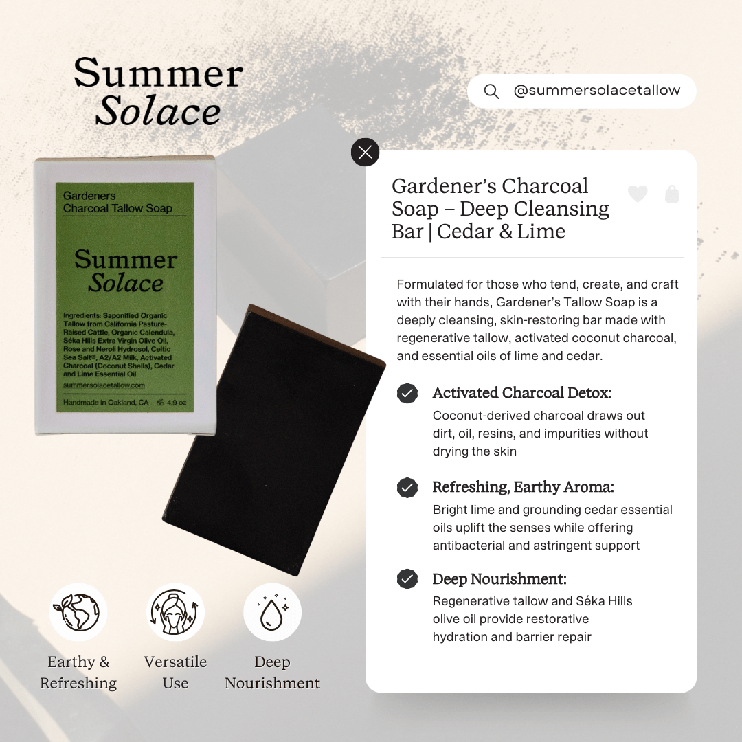 Summer Solace Tallow - Gardener’s Charcoal Soap – Deep Cleansing Bar | Cedar & Lime - Tallow Soap