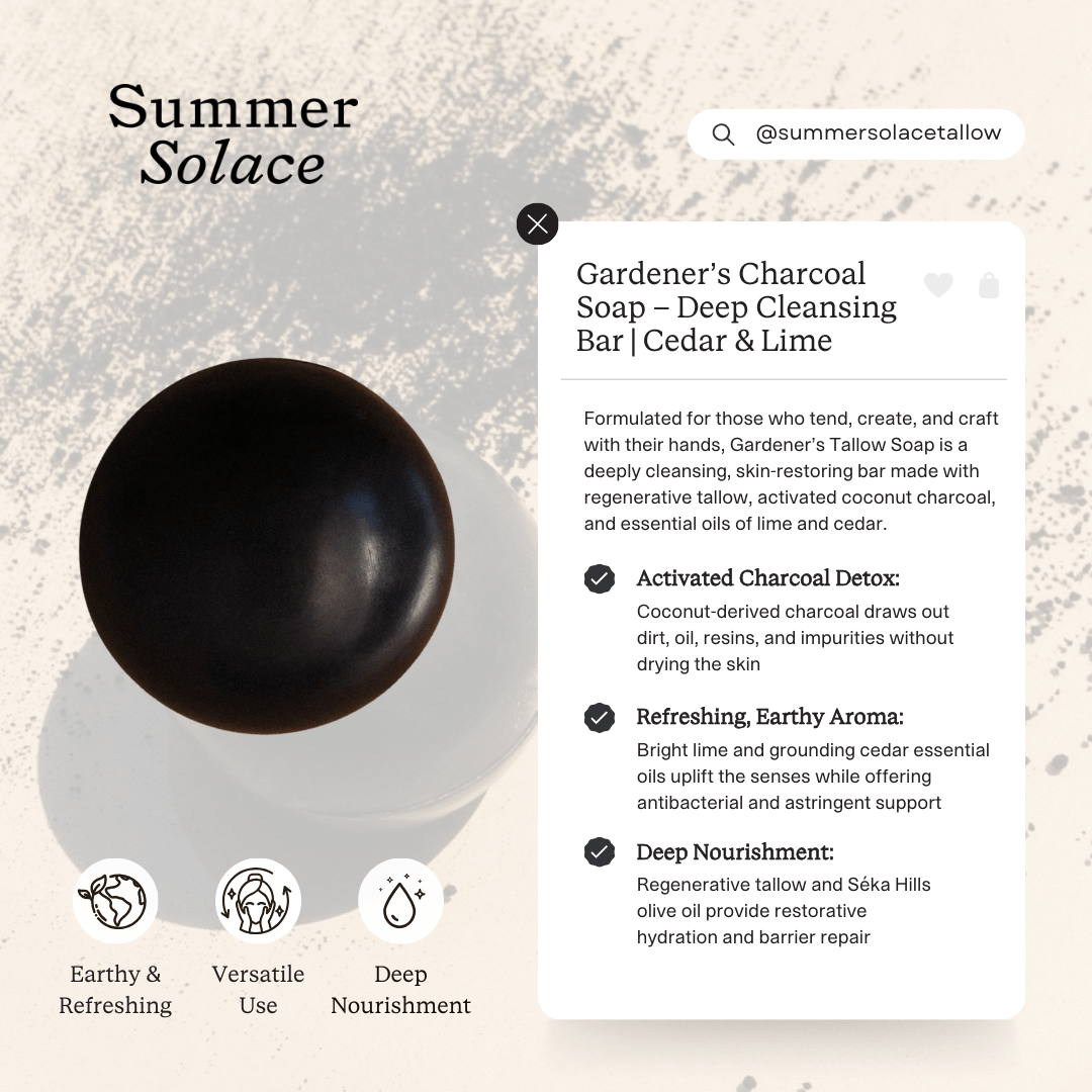 Summer Solace Tallow - Gardener’s Sphere Soap – Activated Charcoal with Cedar & Lime - Tallow Soap