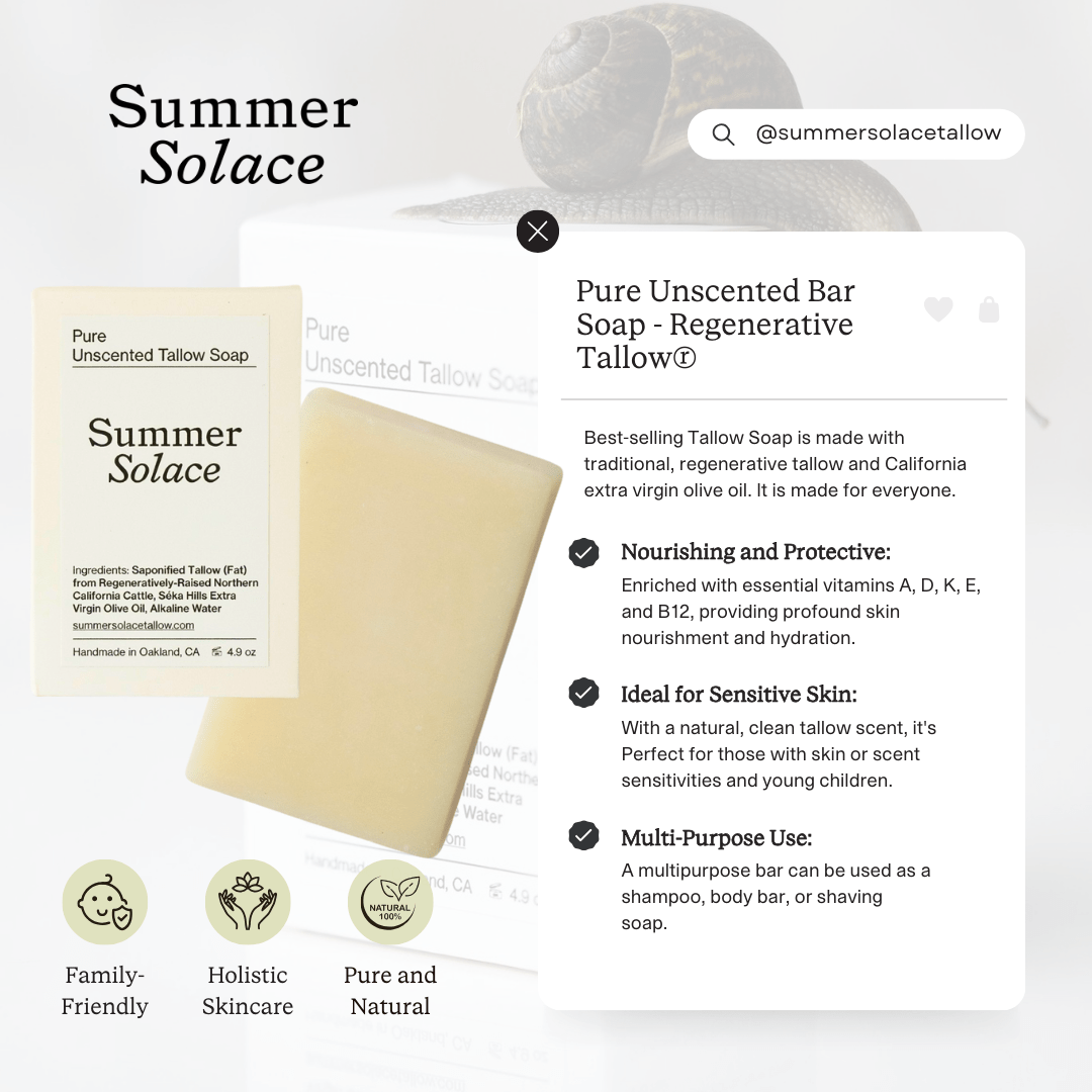 Summer Solace Tallow - Pure Unscented – Tallow Bar Soap for Sensitive Skin - Tallow Soap