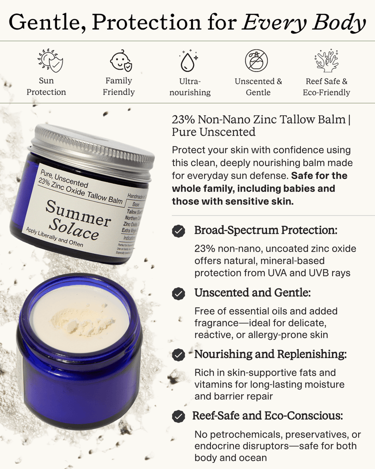 Summer Solace Tallow - 23% Non - Nano Zinc Tallow Balm | Pure Unscented - SPF