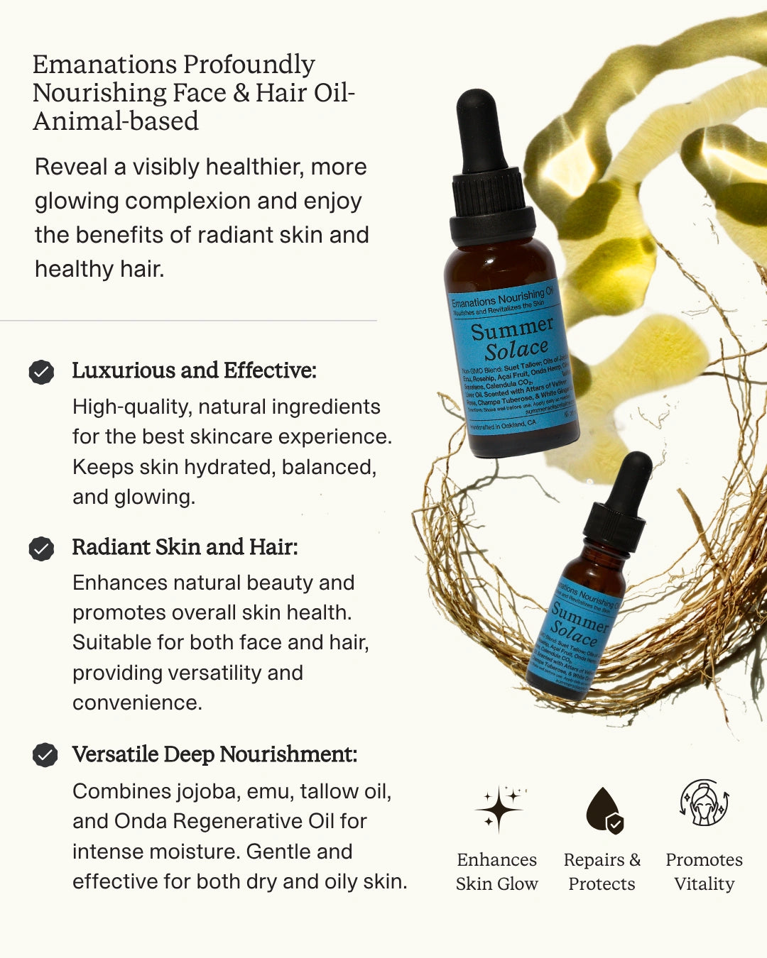 Emanations Profoundly Nourishing Face & Hair Oil - Animal-based, featuring a bottle of Summer Solace oil with a blue label and dropper, surrounded by golden oil droplets and dried botanicals on a light beige background with descriptive text.