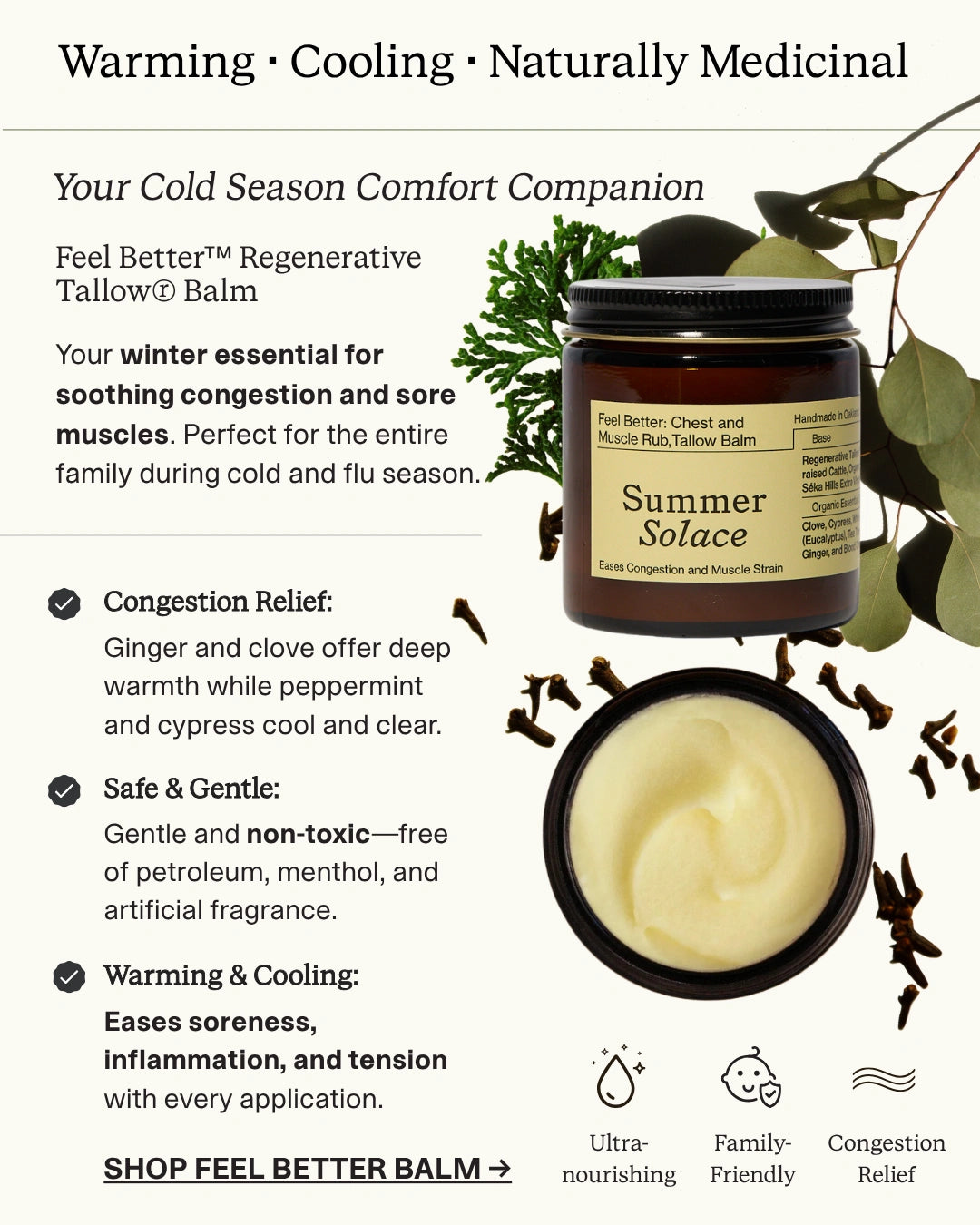 A jar of Feel Better Summer Solace Tallow Balm with product details and natural ingredient benefits. Your Cold Season Companion.