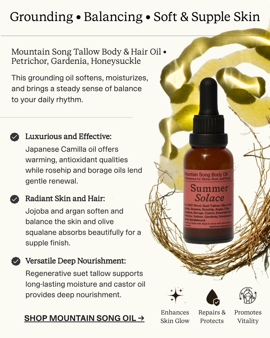 Mountain Song Tallow Body & Hair Oil 'Summer Solace' in a clear dropper bottle with a black cap, surrounded by golden tallow leaves and a sprig of dried herbs on a white background with product benefits text.