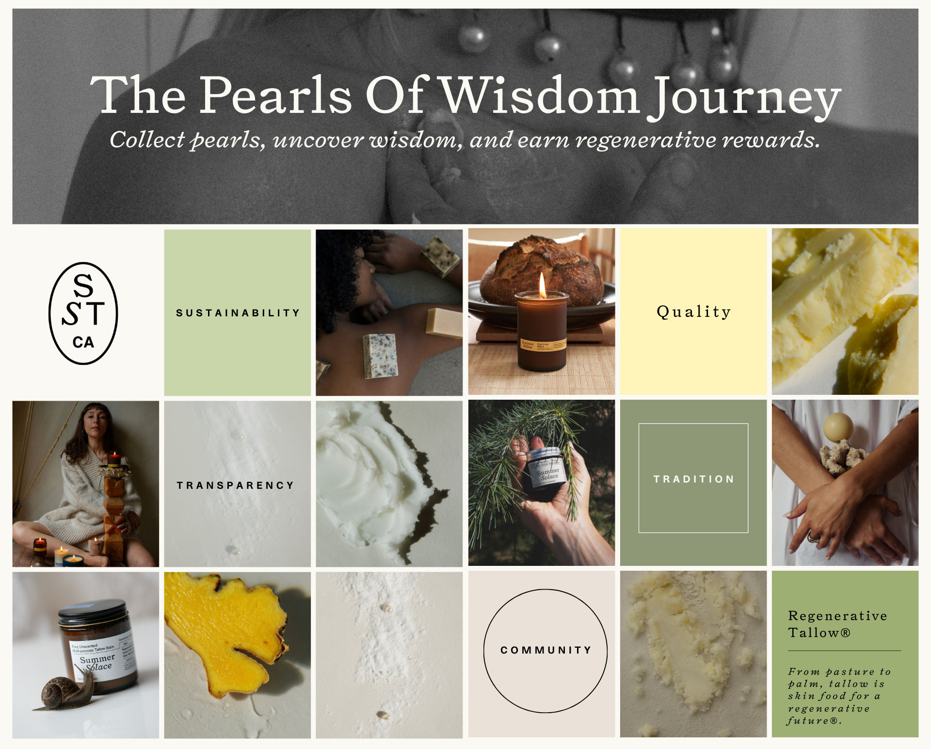 Promotional graphic for 'The Pearls of Wisdom Journey' with sustainability, quality, tradition, transparency, and community elements.