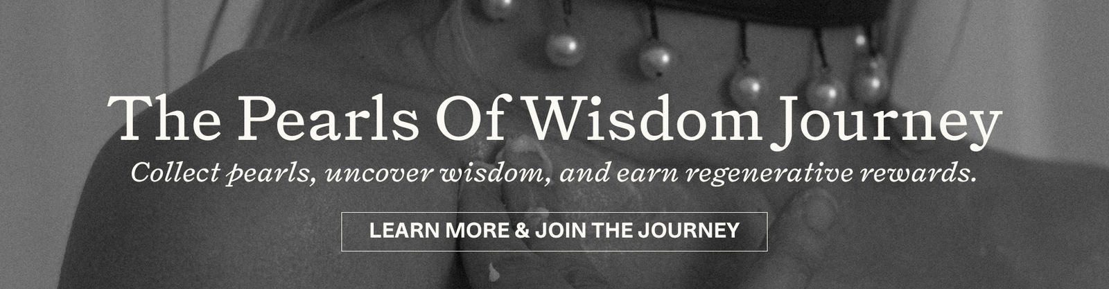 Promotional banner for 'The Pearls Of Wisdom Journey' with text and a model applying tallow balm