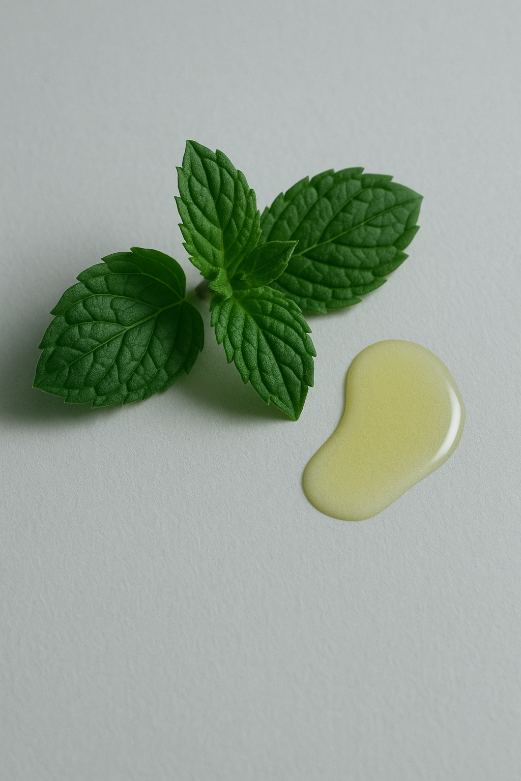 Peppermint leaves and a small droplet of oil on a light gray background
