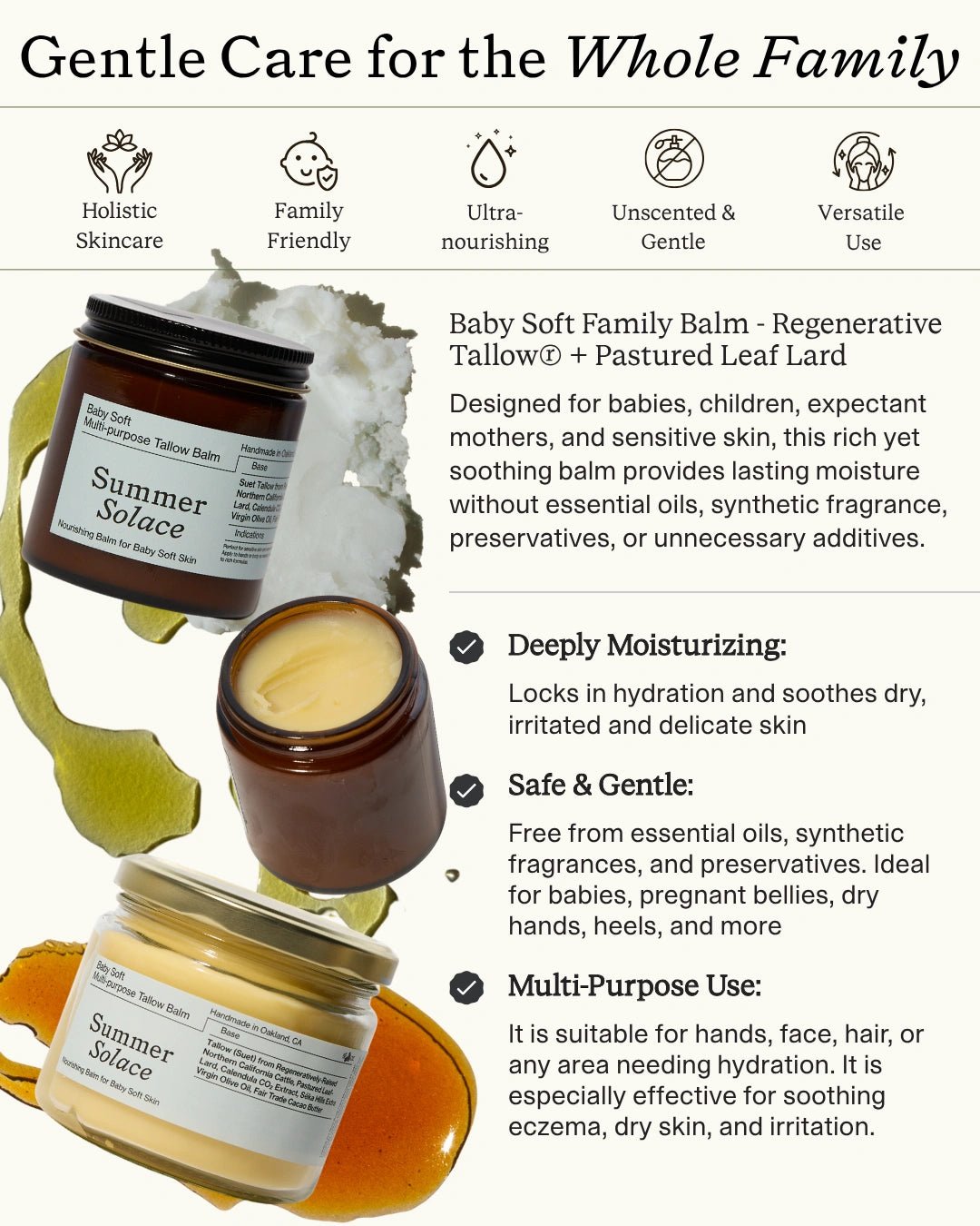 Summer Solace Tallow - Baby Soft Family Tallow Balm for Sensitive Skin • Gentle Unscented Moisturizer - Tallow Balm