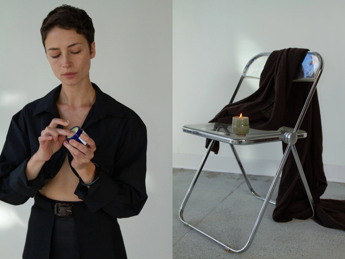 A split-screen lifestyle image. On the left, a woman with short dark hair looks down while holding a small blue and white cosmetic container.