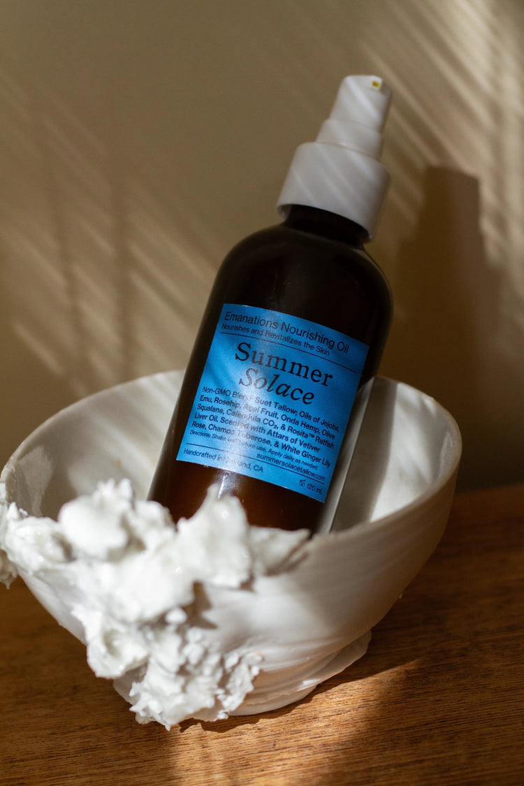 Summer Solace Tallow - Emanations Tallow & Emu Face Oil • Sea Buckthorn & Floral Attars • Dry, Sensitive & Mature Skin - Face and Hair Oil