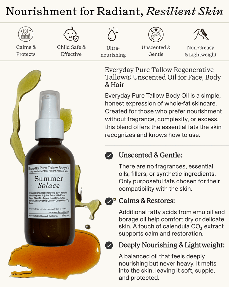 Summer Solace Tallow - Everyday Pure Tallow Face and Body Oil | Regenerative Tallow® Unscented Oil for Face, Body & Hair - Face and Hair Oil