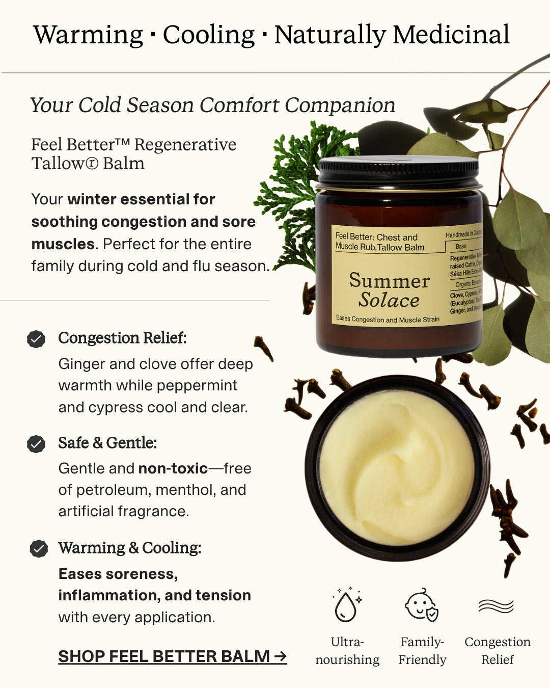 Summer Solace Tallow - Feel Better™ Balm – Chest & Muscle Rub with Clove, Cypress & Turmeric - Tallow Balm