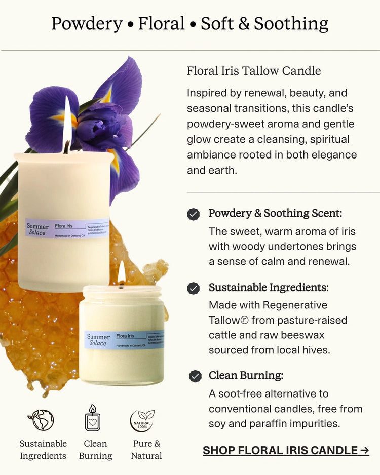 Summer Solace Tallow - Flora Iris – Tallow Candle with Orris & Palo Santo | 6 oz - Tallow Candle