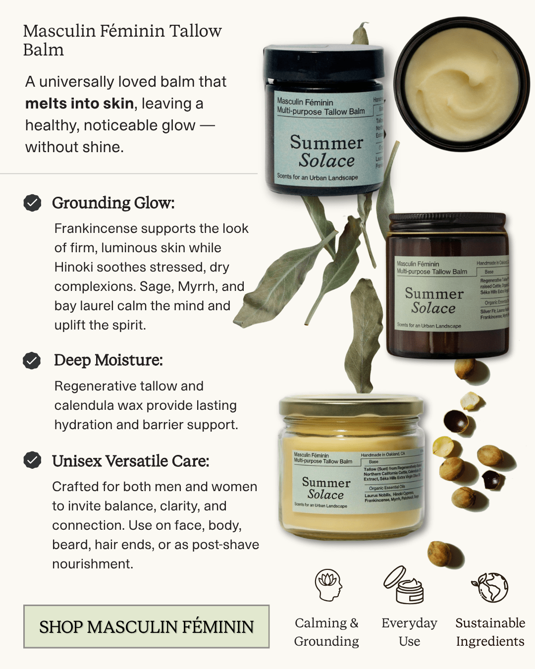 Summer Solace Tallow - Masculin Féminin Tallow Balm – Frankincense, Patchouli & Hinoki Wood - Tallow Balm