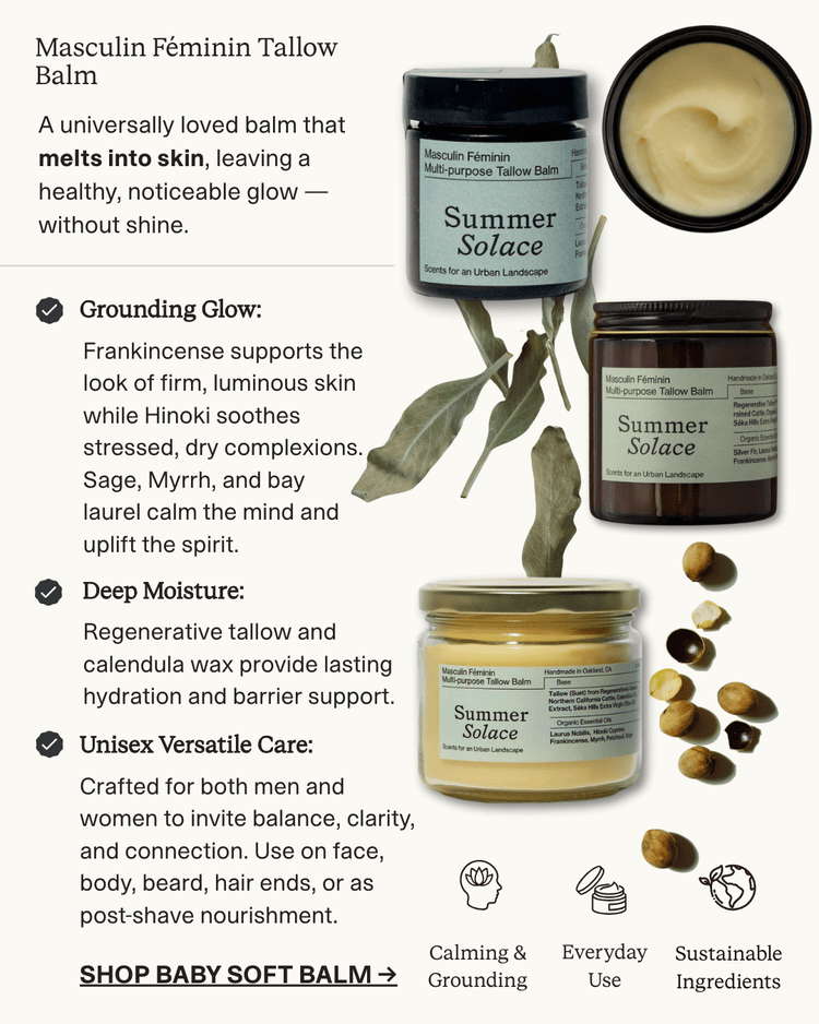 Summer Solace Tallow - Masculin Féminin Tallow Balm – Frankincense, Patchouli & Hinoki Wood - Tallow Balm