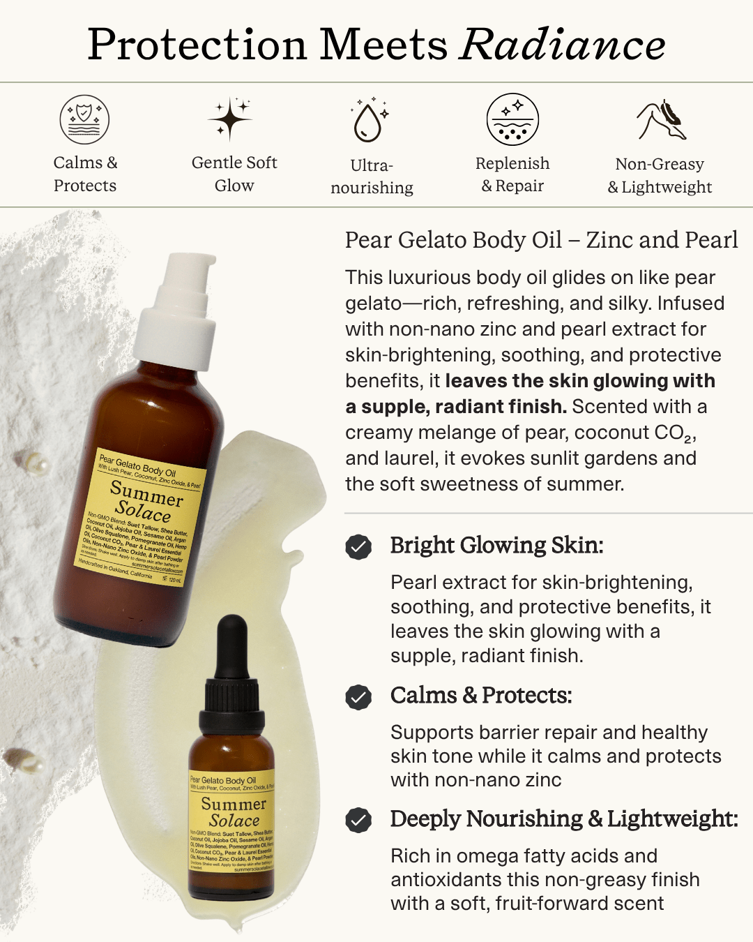 Summer Solace Tallow - Pear Gelato Body Oil – Zinc and Pearl Extract - Updated Formula 2026 - Face and Hair Oil