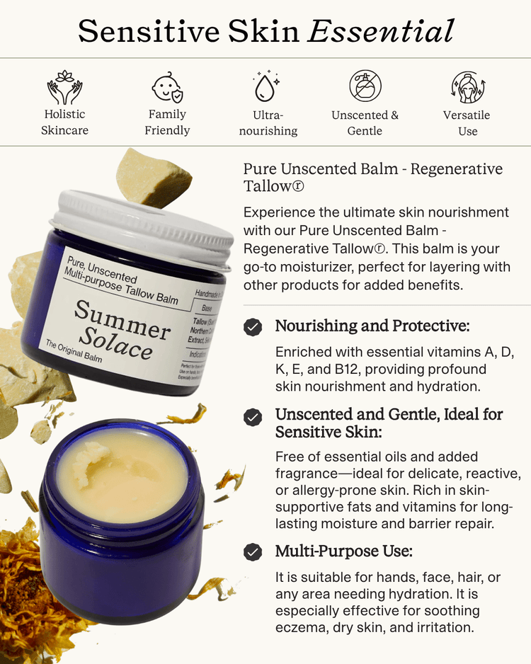 Summer Solace Tallow - Pure Unscented – Family Size Tallow Balm | 11.5 oz Bulk in Clear Glass - Tallow Balm
