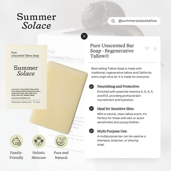 Summer Solace Tallow - Pure Unscented – Tallow Bar Soap for Sensitive Skin - Tallow Soap