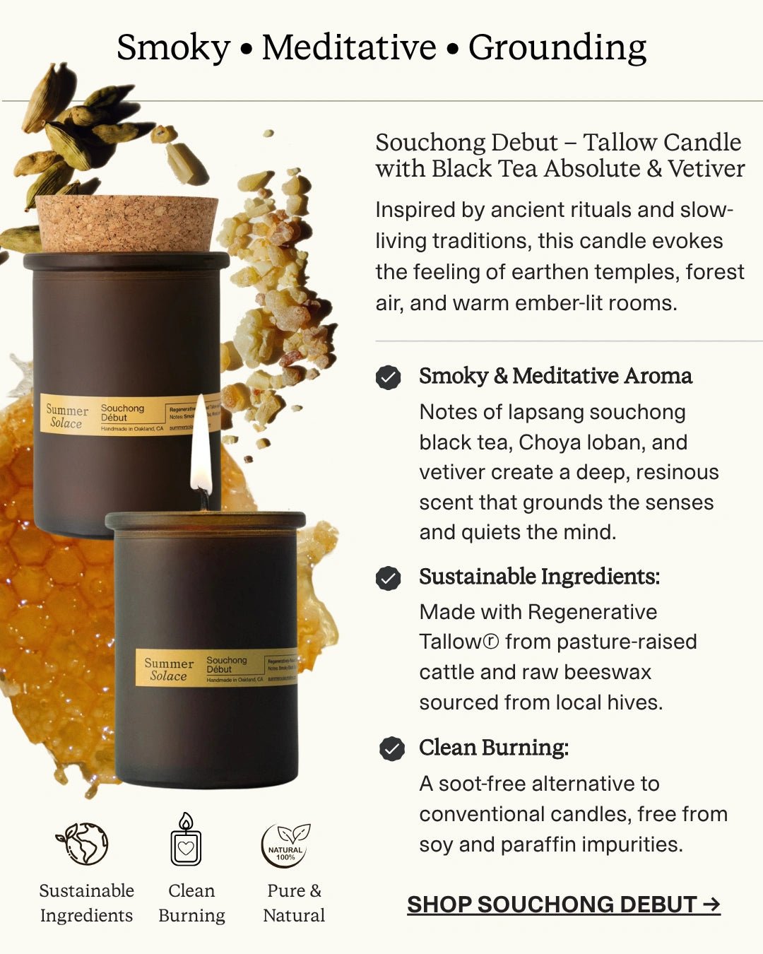 Summer Solace Tallow - Souchong Debut – Tallow Candle with Black Tea Absolute & Vetiver | 6 oz - Tallow Candle