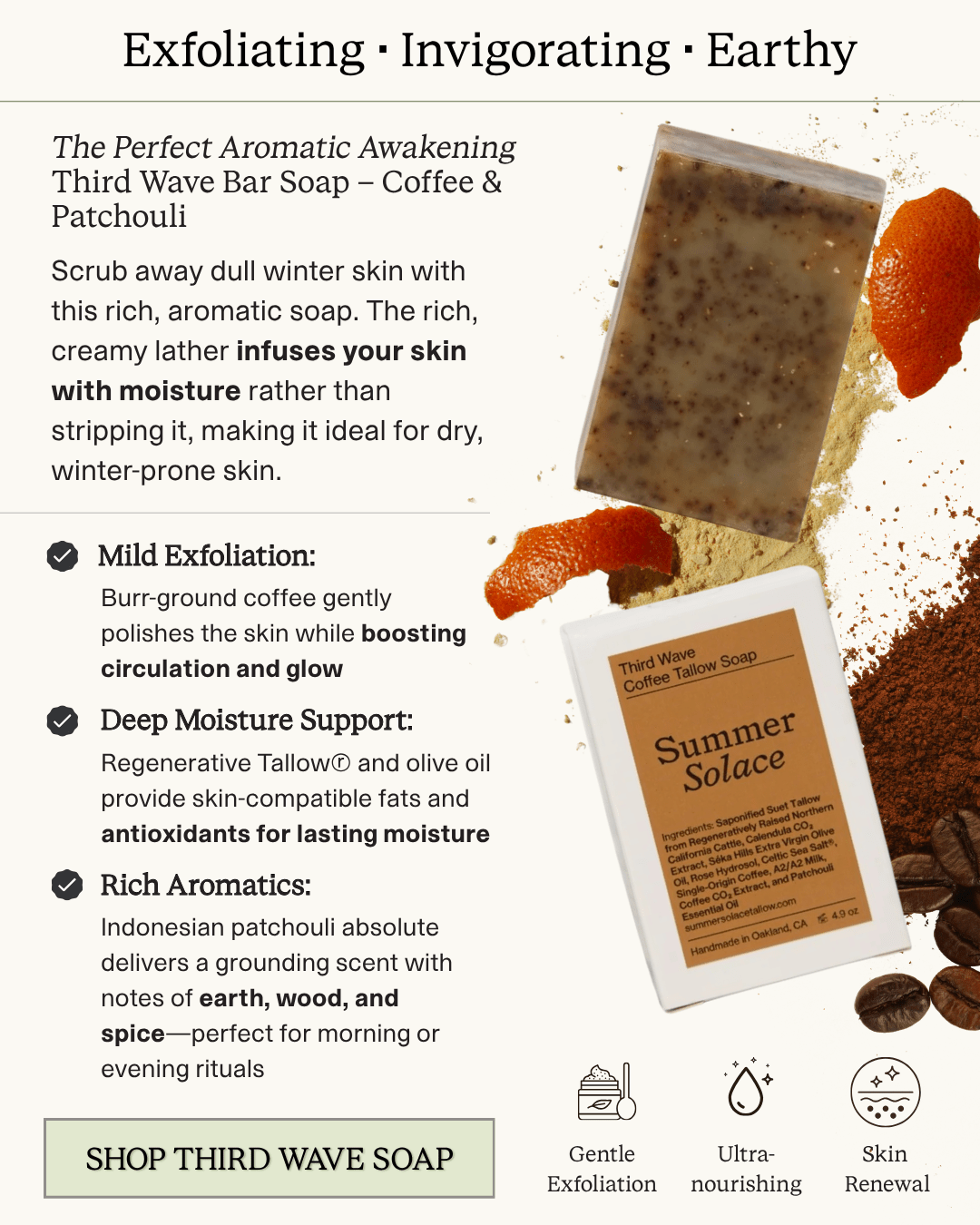 Summer Solace Tallow - Third Wave – Coffee & Patchouli Bar Soap - Tallow Soap